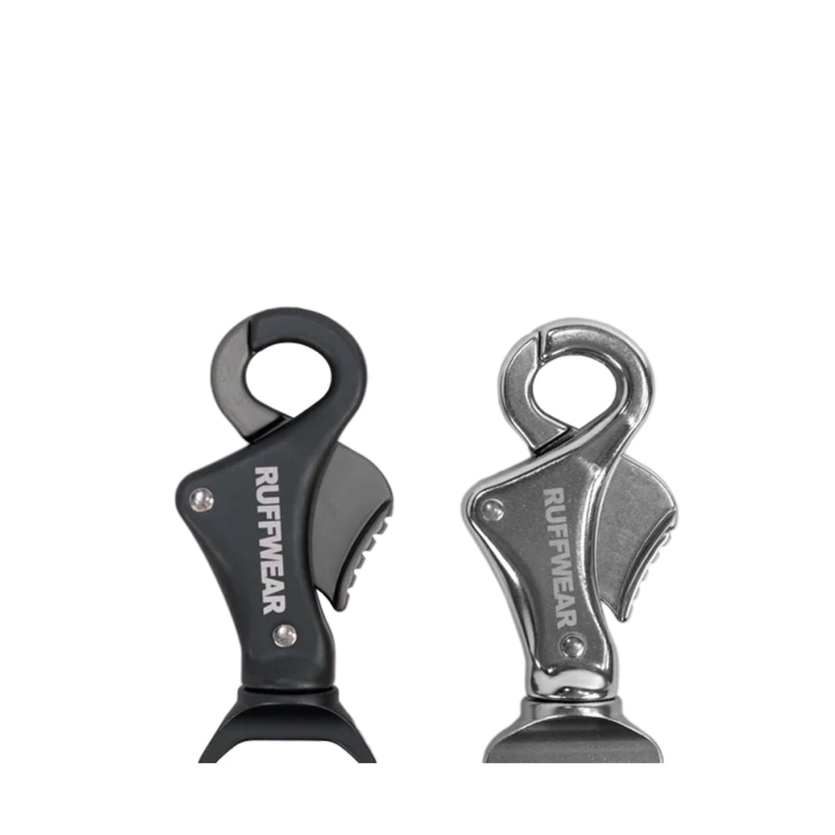 Ruffwear Talon Clip shown in both matte black and chrome finishes - customers may receive either variant
