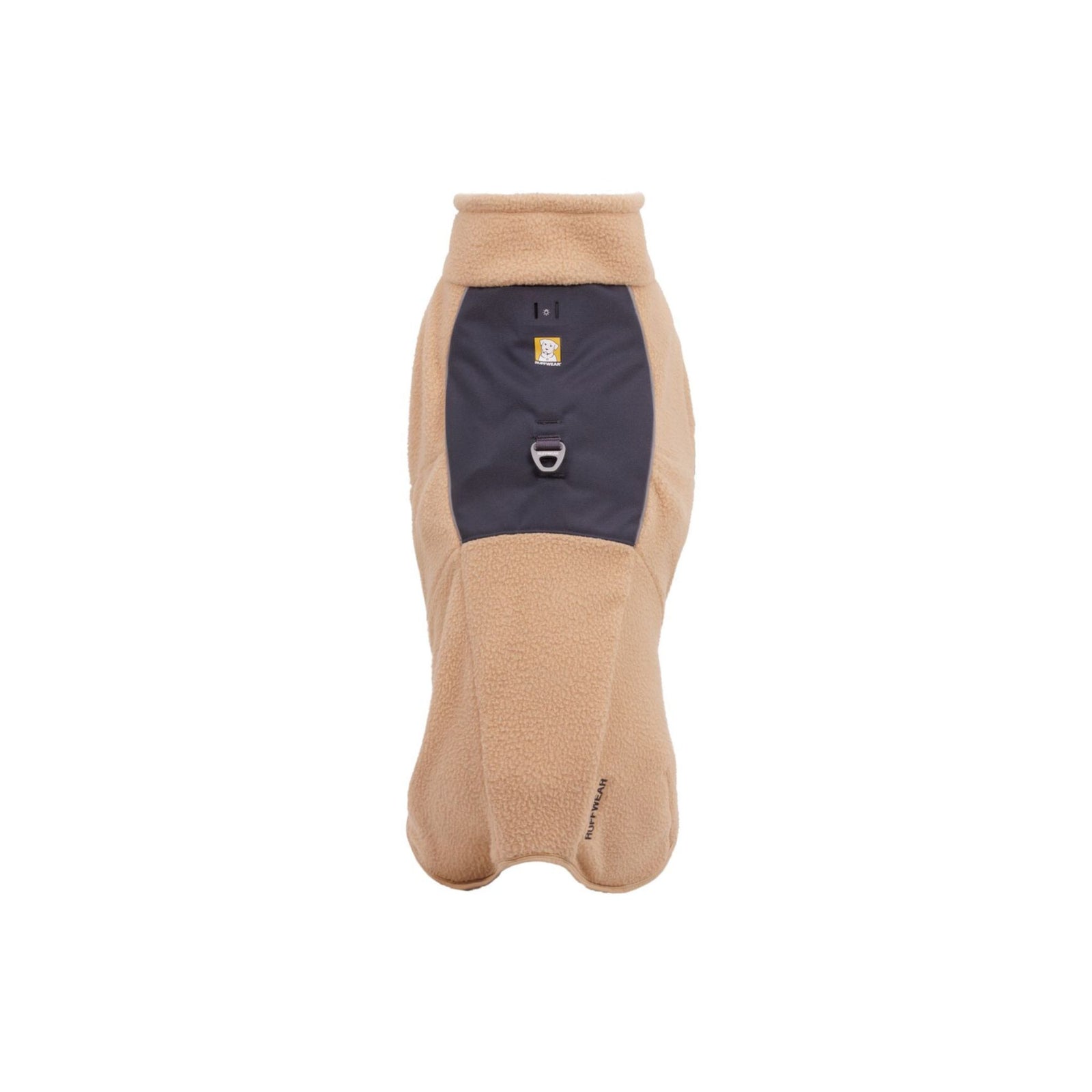Ruffwear Timberline Fuse fleece vest in Driftwood, back view showing aluminium V-ring leash attachment point and Beacon Light Loop Attachment.