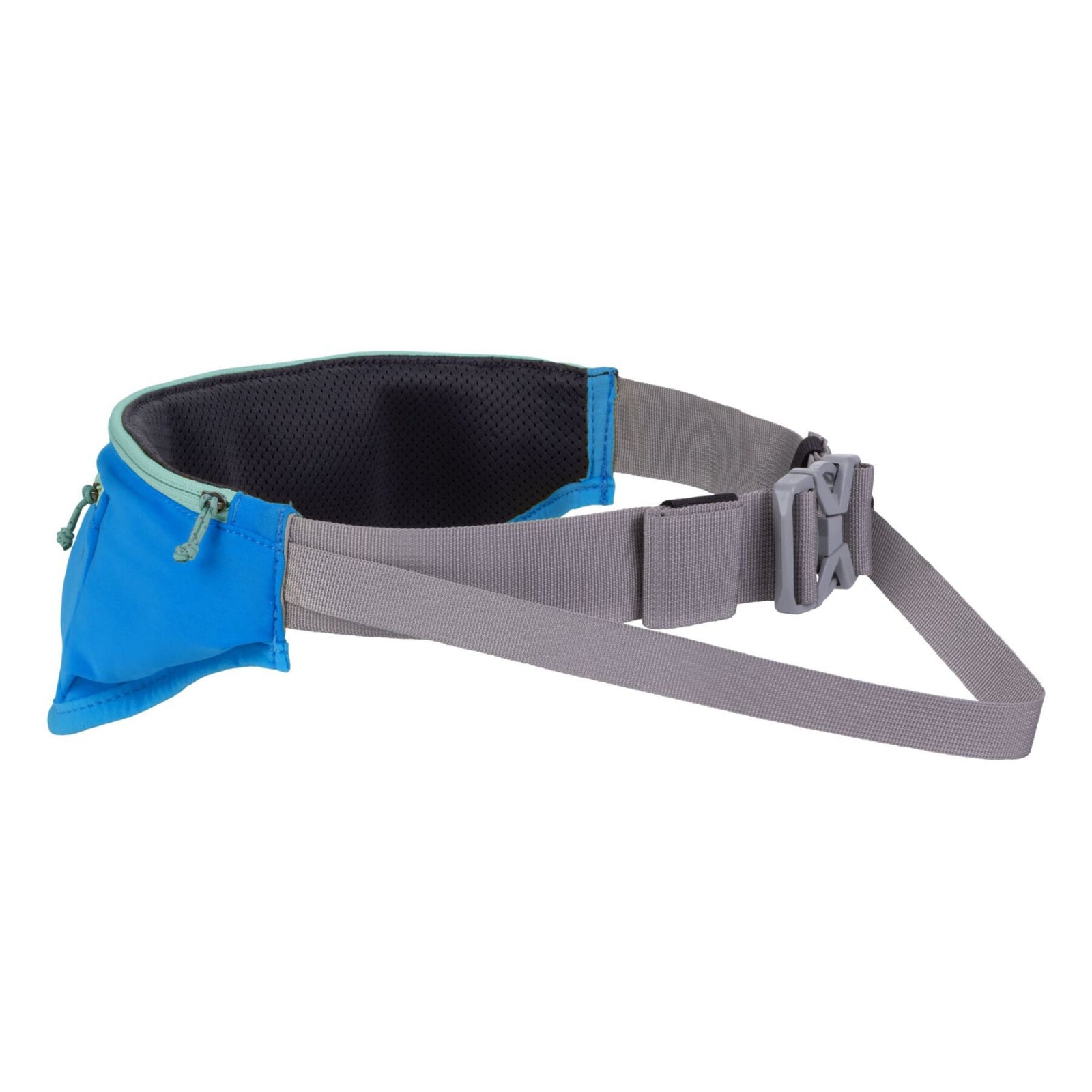 Ruffwear Trail Runner Belt in Lichen Green, flat lay against a white background showing the lay-flat padded design, stretch zippered side pocket with teal zip pull, grey adjustable waist strap, and ITW Nexus buckle