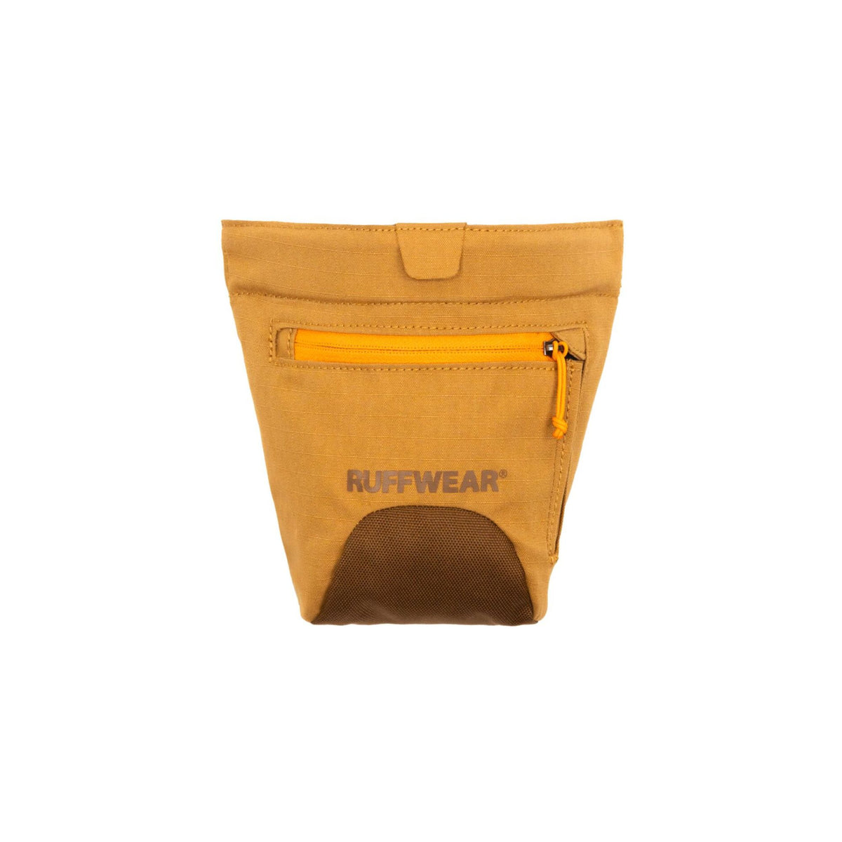 Ruffwear Treat Trader treat pouch in Brown Bear, front view on a white background showing the magnetic closure flap, yellow zippered outer pocket, Ruffwear logo, and dark brown mesh treat access opening