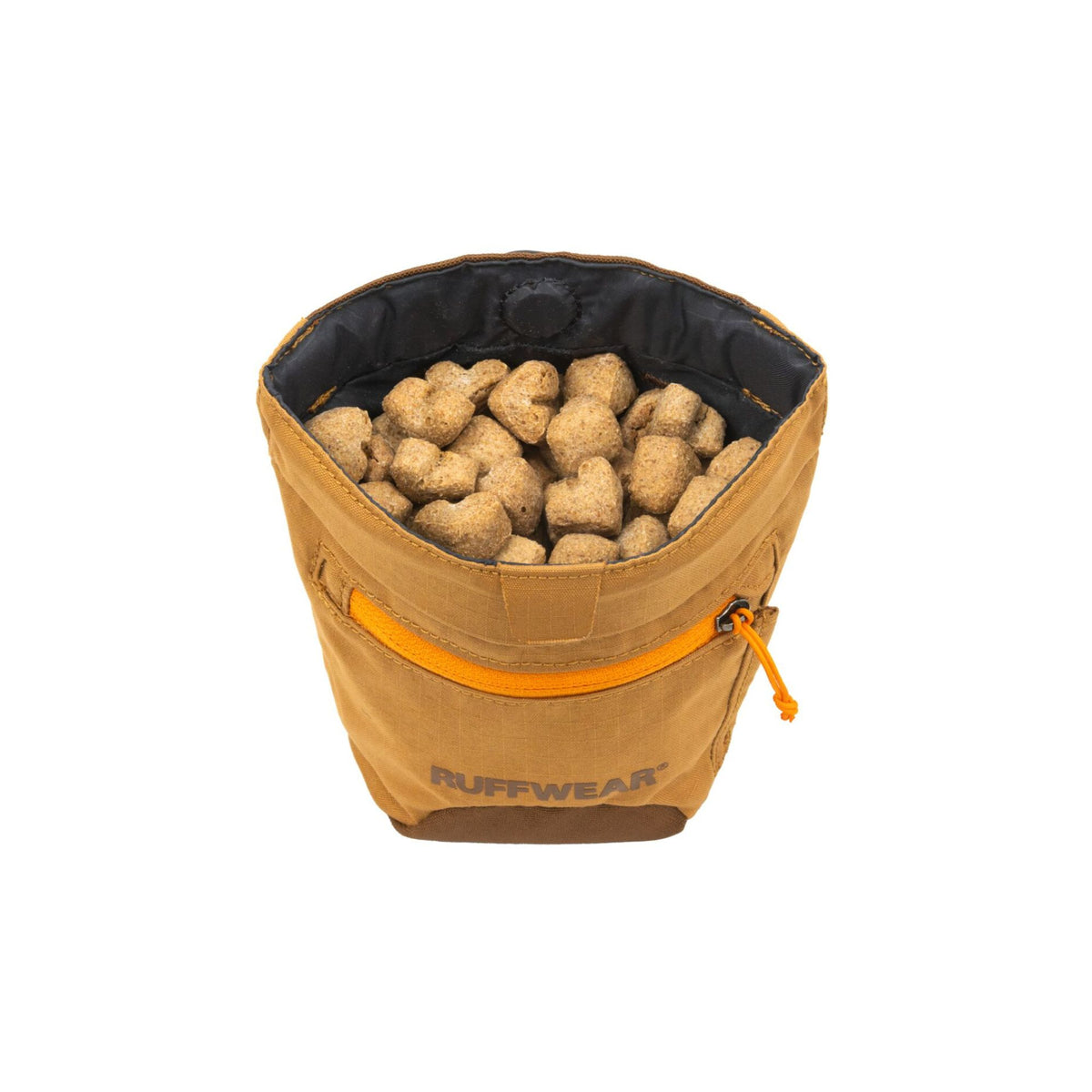 Ruffwear Treat Trader treat pouch in Brown Bear, open top view on a white background showing the dark waterproof interior lining filled with dog treats, with the yellow zippered outer pocket and Ruffwear logo visible below