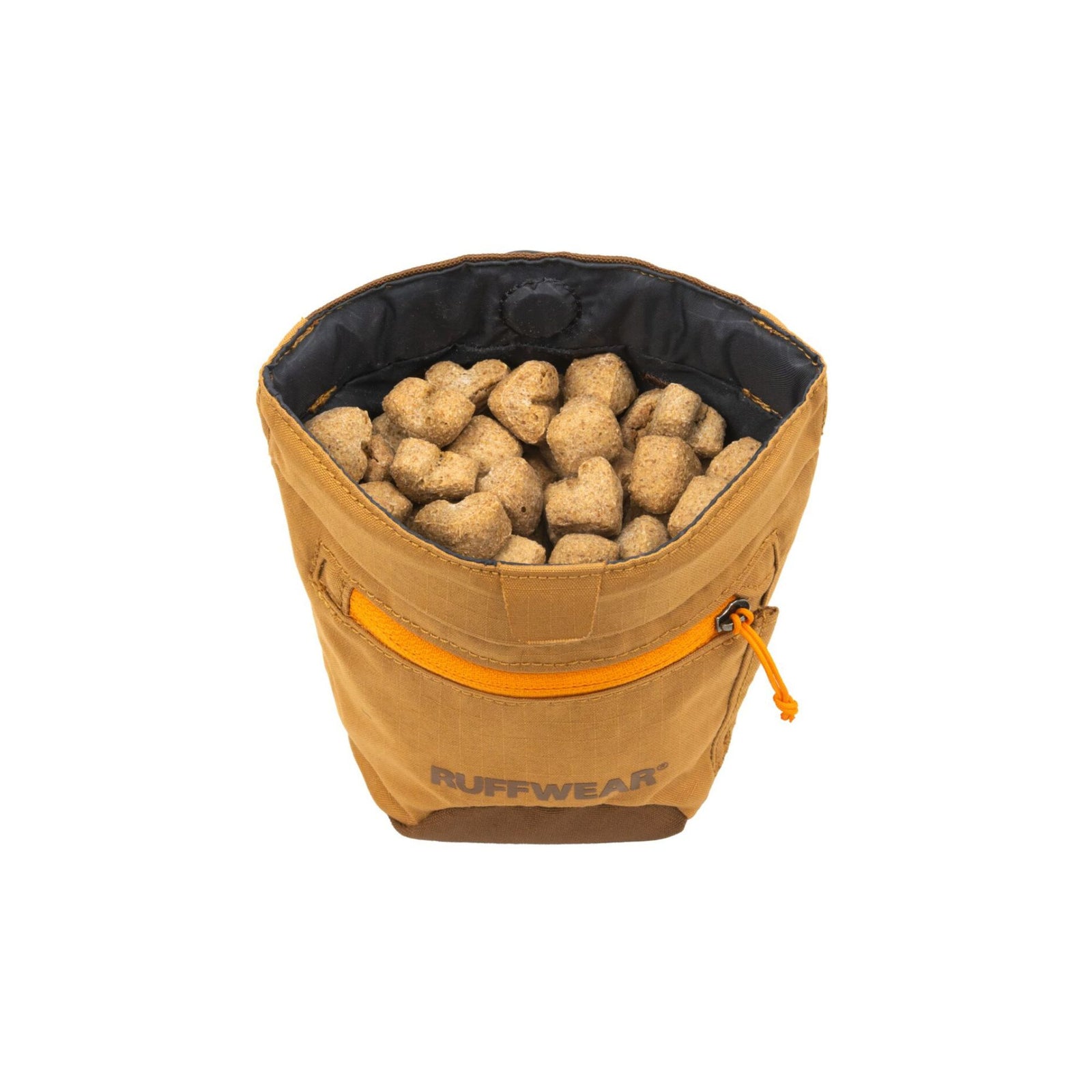 Ruffwear Treat Trader treat pouch in Brown Bear, open top view on a white background showing the dark waterproof interior lining filled with dog treats, with the yellow zippered outer pocket and Ruffwear logo visible below