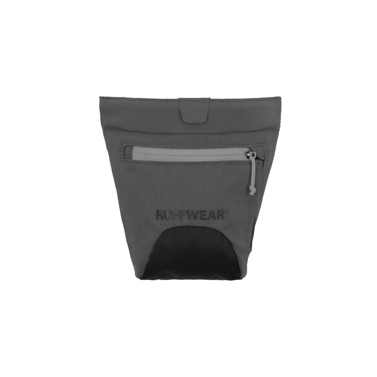 Ruffwear Treat Trader treat pouch in Granite Gray, front view on a white background showing the magnetic closure flap, zippered outer pocket, Ruffwear logo, and dark mesh treat access opening