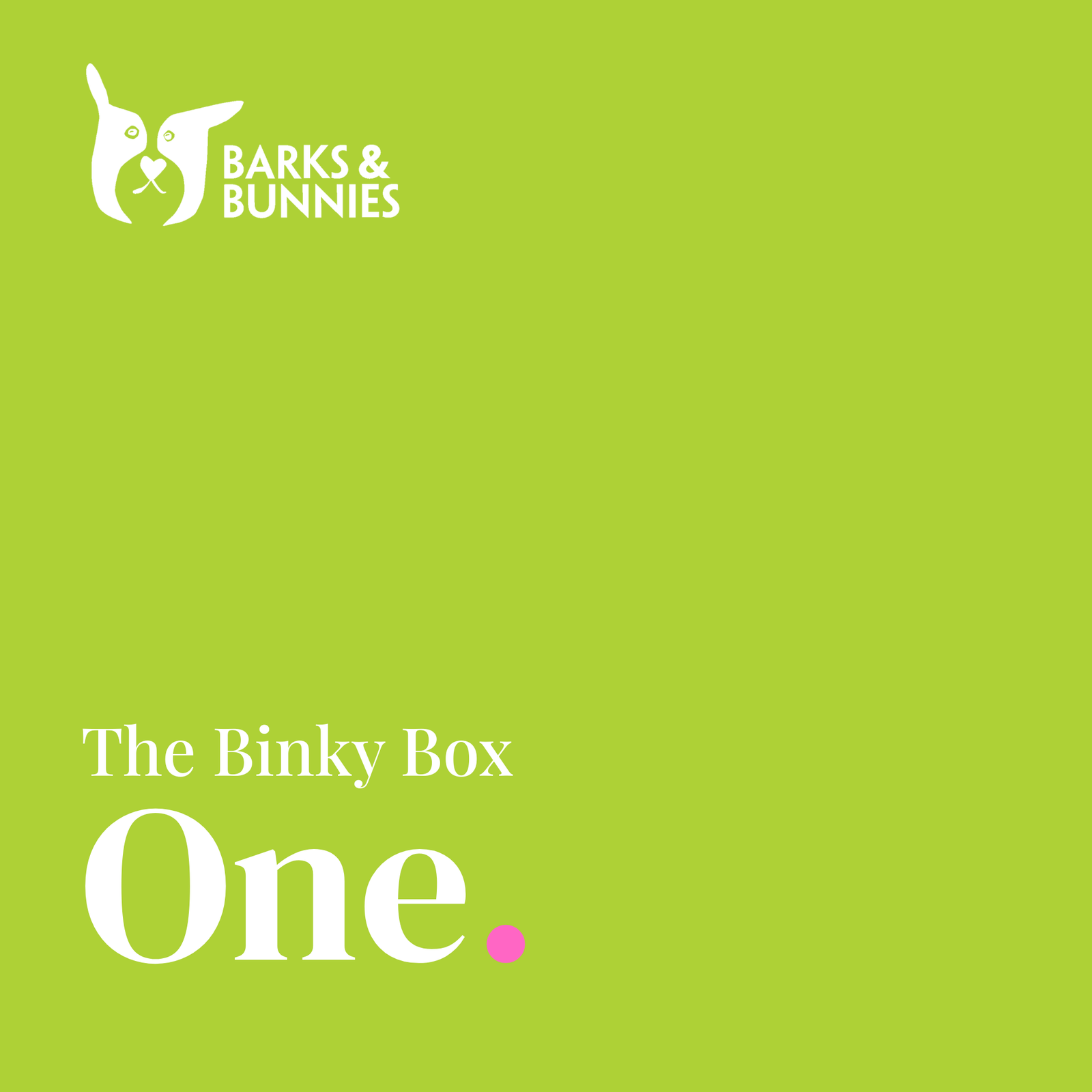 The Binky Box - One. A rabbit subscription box from Barks & Bunnies. Vivid lime green background with white Barks & Bunnies logo top left and white text reading The Binky Box, One, with a small pink dot.