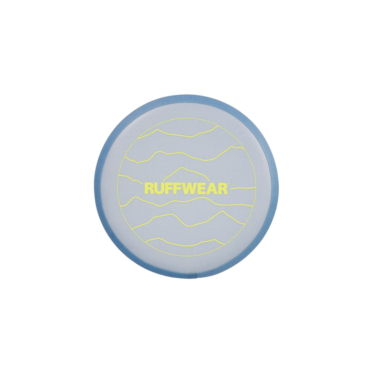 Top-down view of the Ruffwear Camp Flyer dog toy in Polar Blue, showing the soft flexible disc shape and puncture-resistant construction