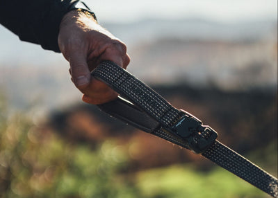 close-up of hand gripping the padded handle of the Ridgeline Lead outdoors, reflective webbing visible, dog blurred in background: