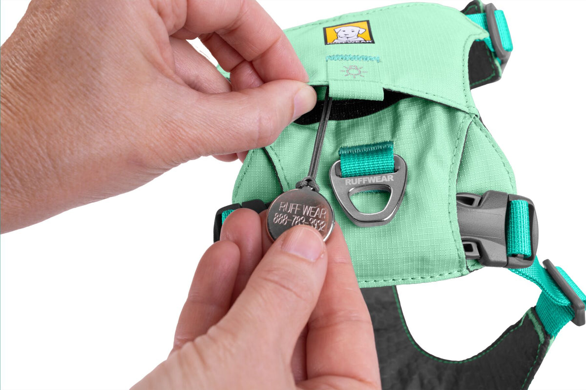 Close-up of the ID tag pocket on the Ruffwear Hi &amp; Light dog harness in Sage Green, showing a hand attaching a dog tag to the zip pull