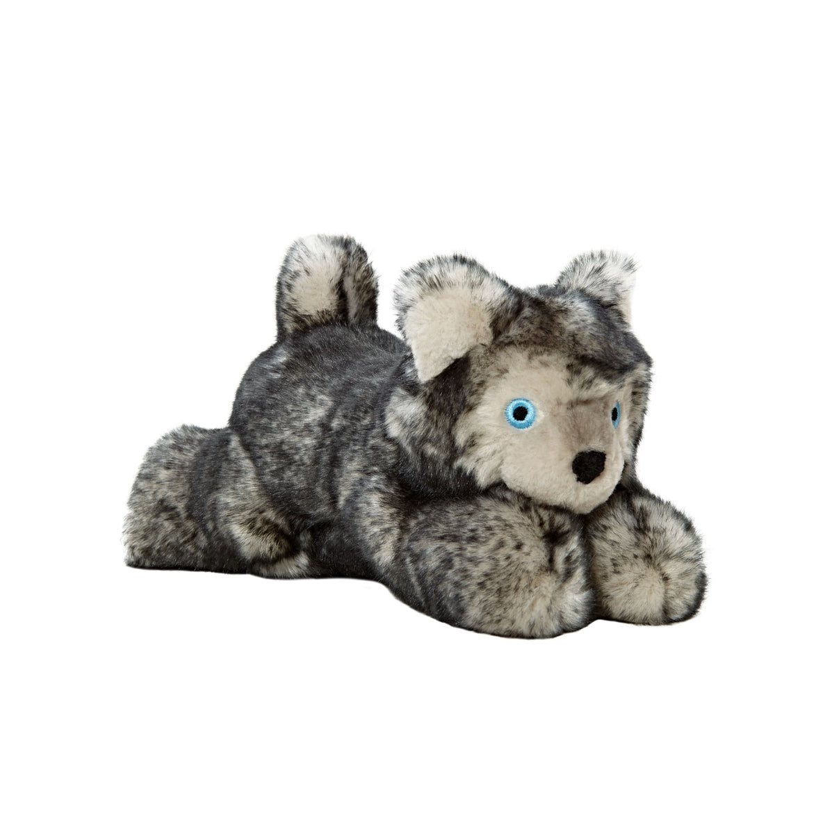 Fluff &amp; Tuff Blanca Wolf grey and white luxury plush dog toy with blue eyes lying down on white background