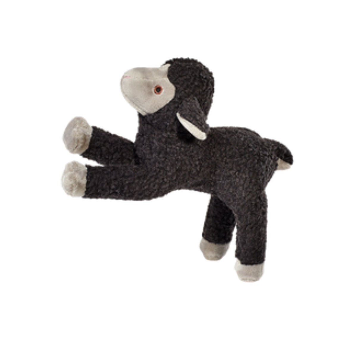 Fluff &amp; Tuff Mary Lamb plush dog toy with curly black fleece, cream face and hooves, and floppy ears.