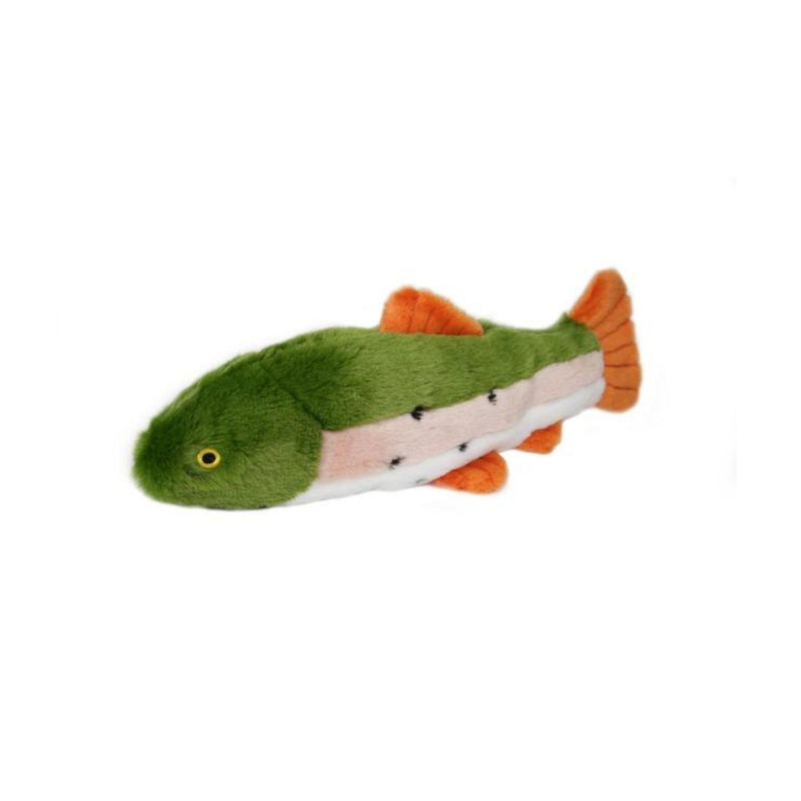 Ruby Rainbow Trout plush dog toy by Fluff & Tuff - green and orange fish with embroidered eye, medium size