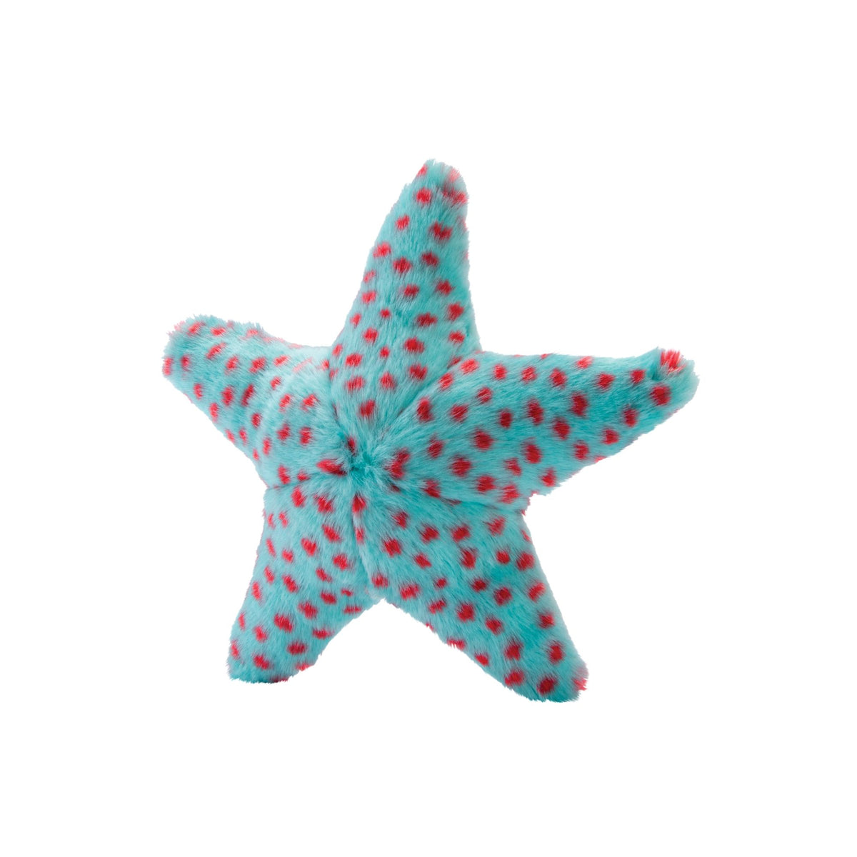 Fluff and Tuff Ally Starfish plush dog toy in teal with pink spots on white background