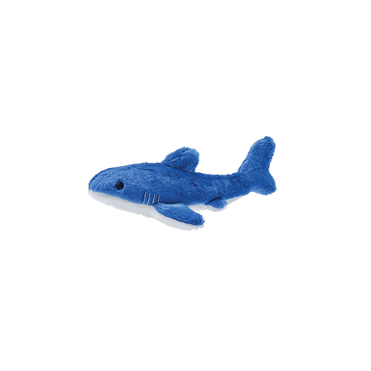 Fluff and Tuff Baby Bruce Shark plush dog toy in blue with white belly on white background