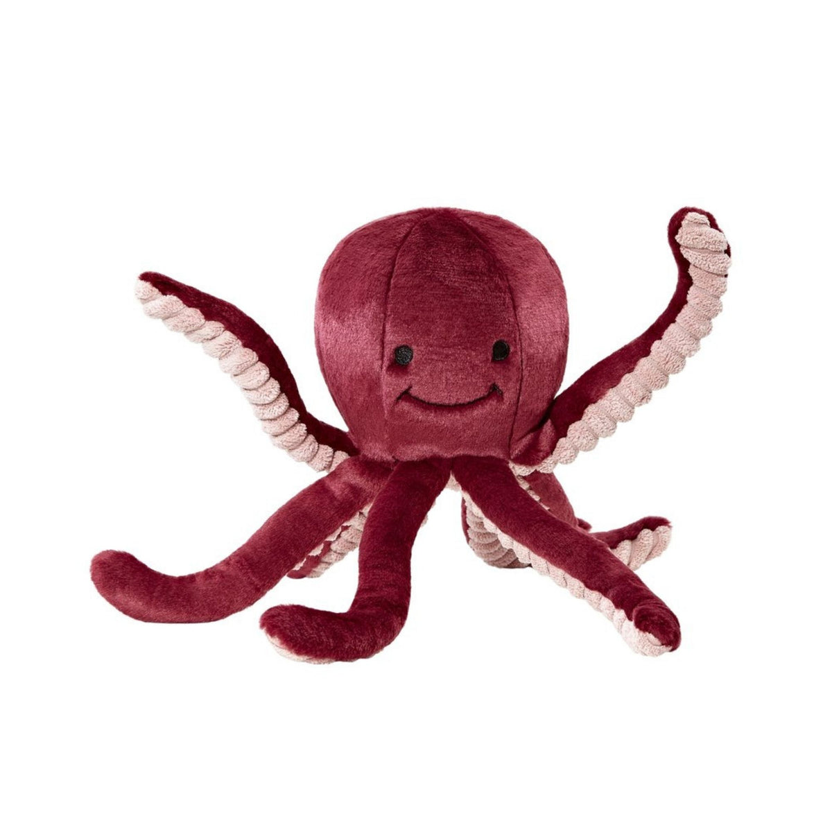 Fluff and Tuff Olympia Octopus plush dog toy in deep plum with cream tentacles and smiling face on white background