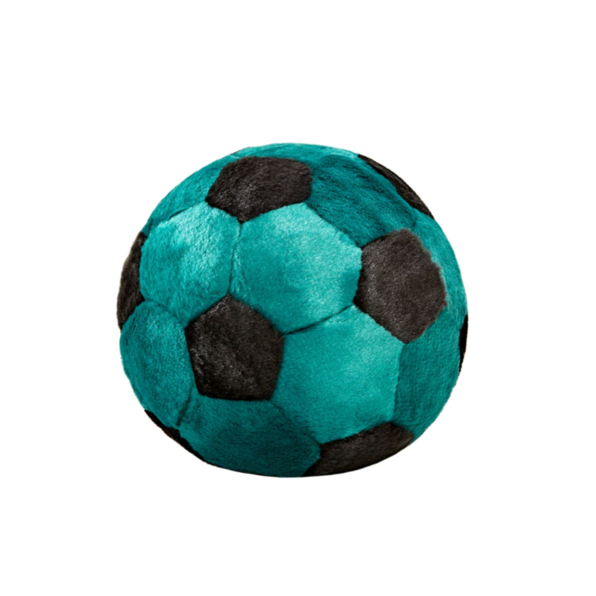 Fluff and Tuff Soccer Ball plush dog toy in teal and black on white background