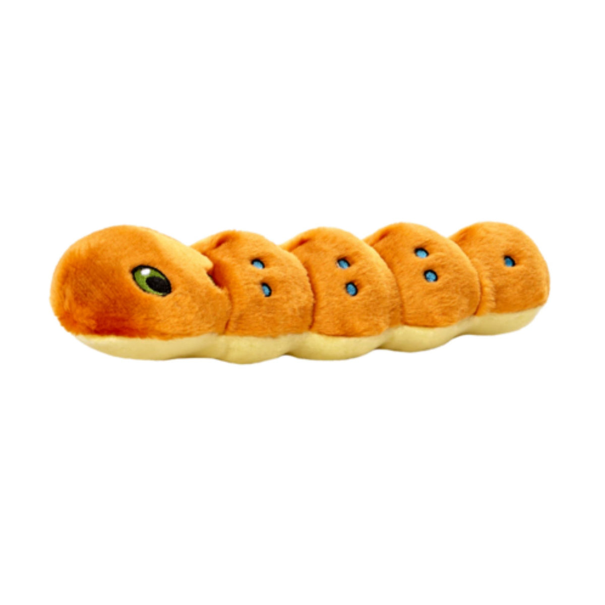 Fluff and Tuff Spicy Caterpillar plush dog toy in orange with green eye and blue markings on white background