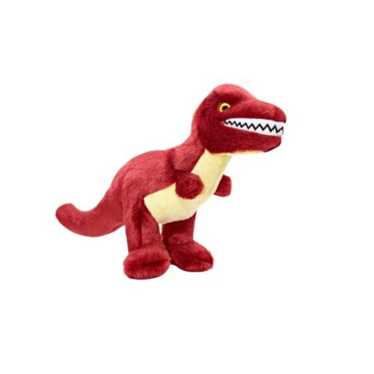 Fluff and Tuff Tiny T-Rex plush dog toy in red with cream belly and toothy grin on white background