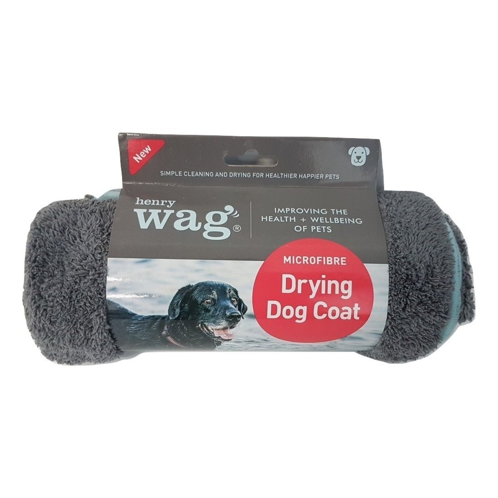 Henry Wag Microfibre Drying Dog Coat in grey, rolled and packaged in its branded retail packaging on a white background.
