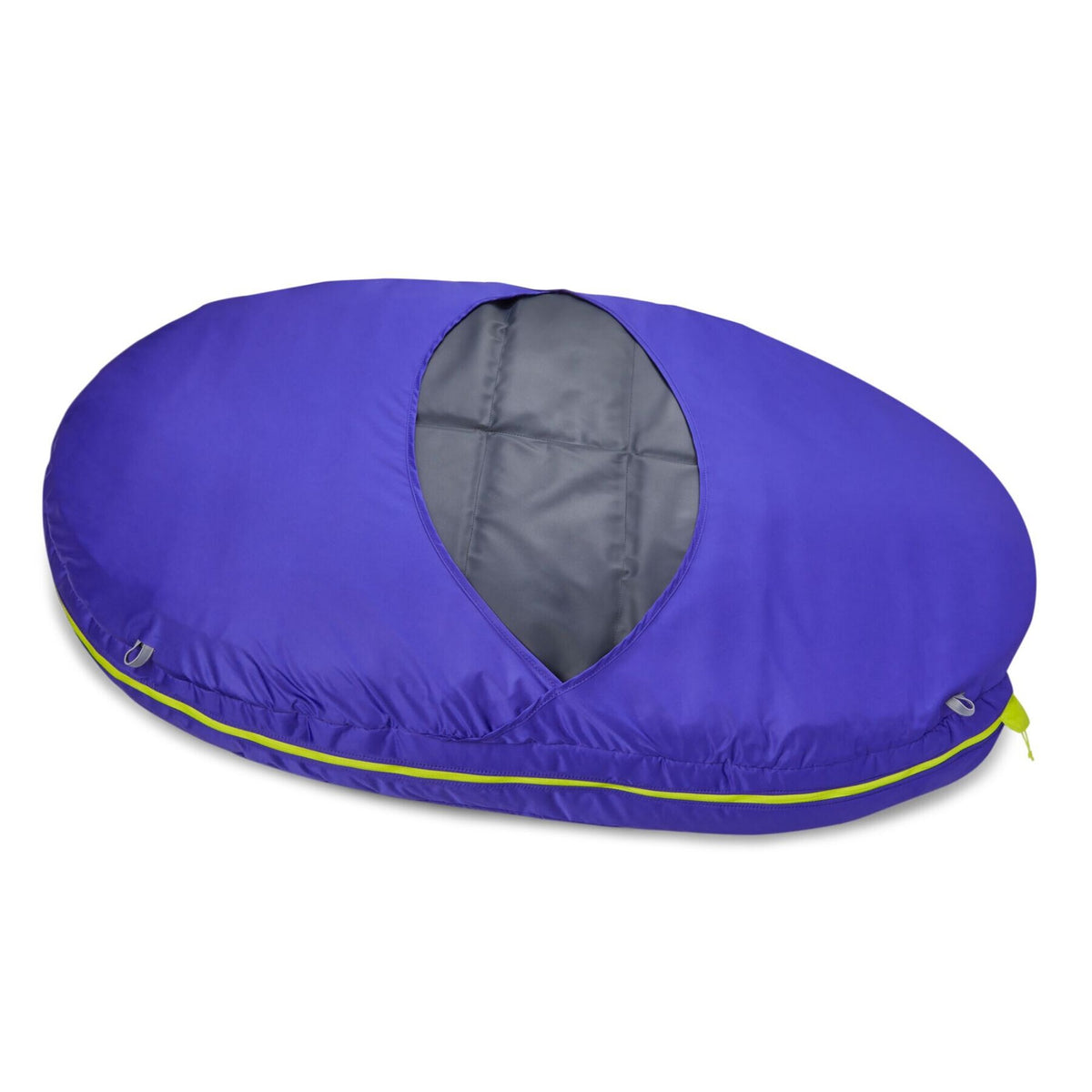 Ruffwear Highlands Dog Sleeping Bag laid flat from the side, zipped closed