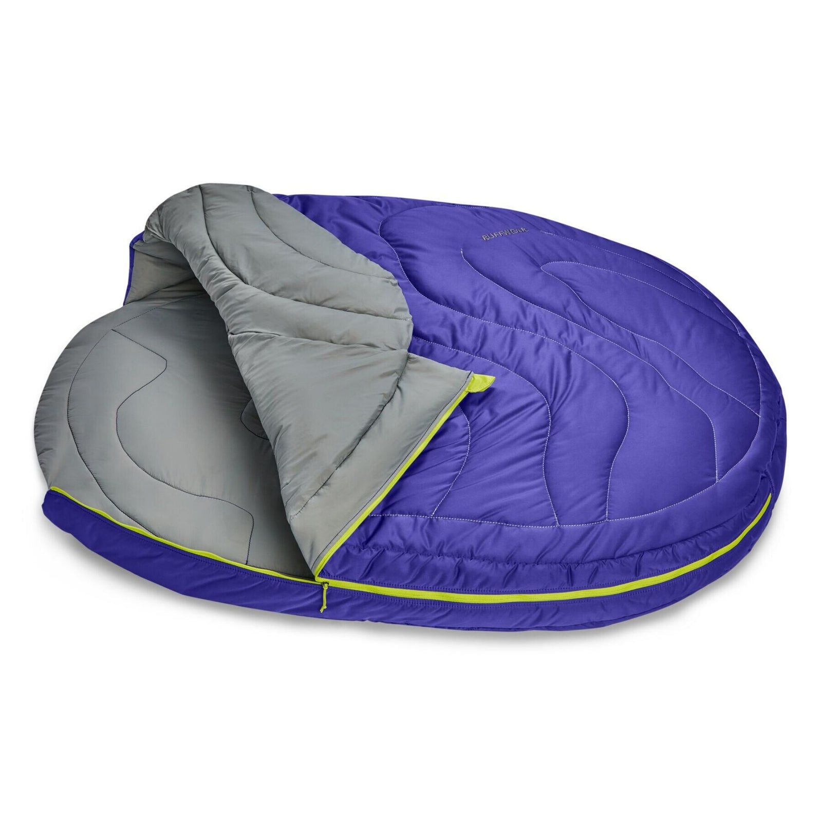 Ruffwear Highlands Dog Sleeping Bag in Huckleberry Blue, shown open and flat with compression sack