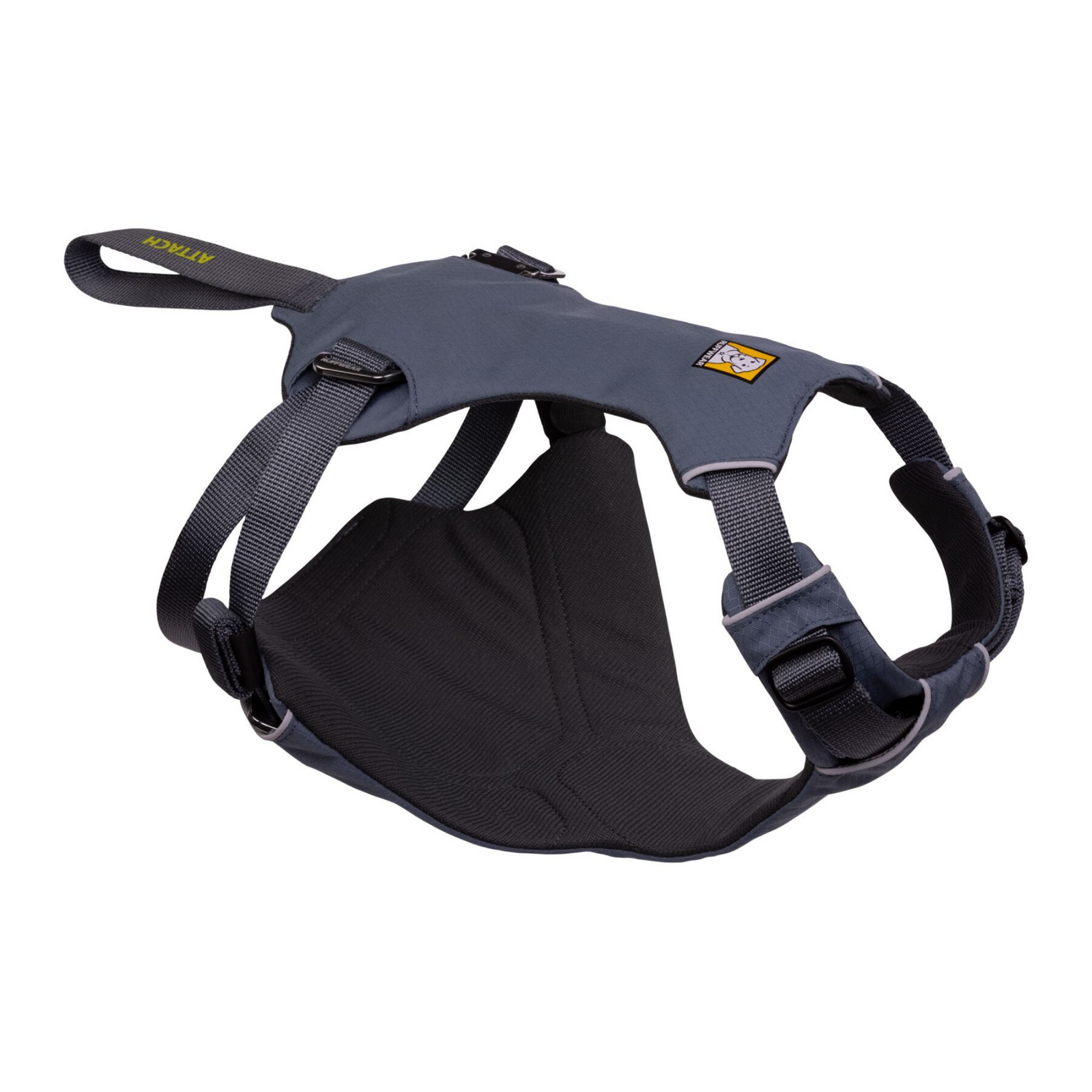 Ruffwear Load Up dog car harness in Slate Blue, three-quarter view on white background showing the padded body panel, seatbelt attachment loop labelled "ATTACH" and forged aluminium slide buckles