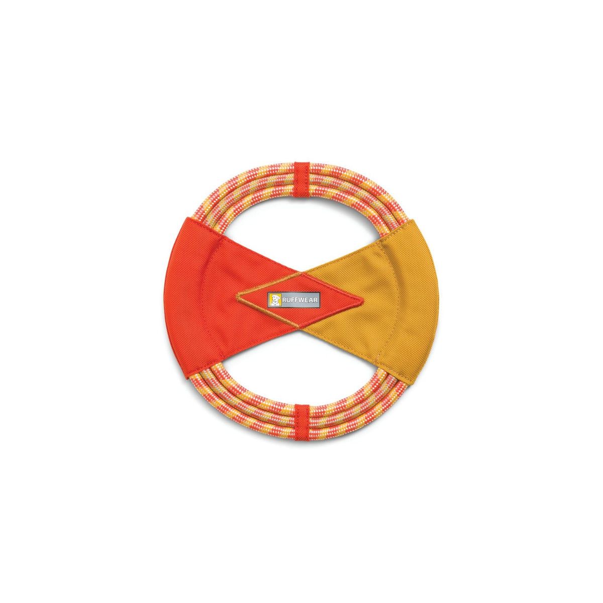 Ruffwear Pacific Ring toy in Sockeye Red - rope ring with red and gold ballistic nylon panels and Ruffwear badge, on white background